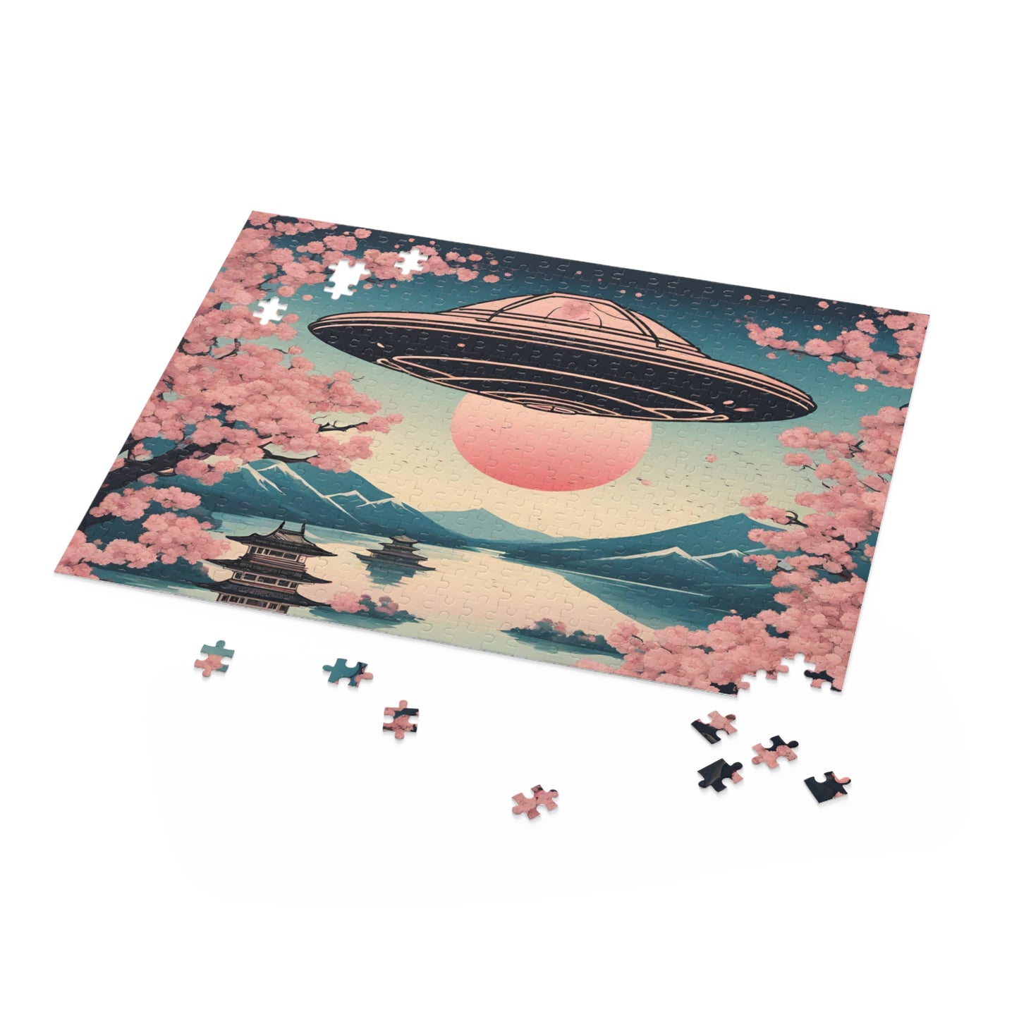 Vintage Cherry Blossoms & UFO Art Jigsaw Puzzle 500-Piece