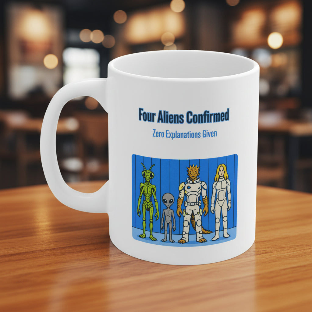 "Four Aliens Confirmed" Sci‑Fi Character Mug