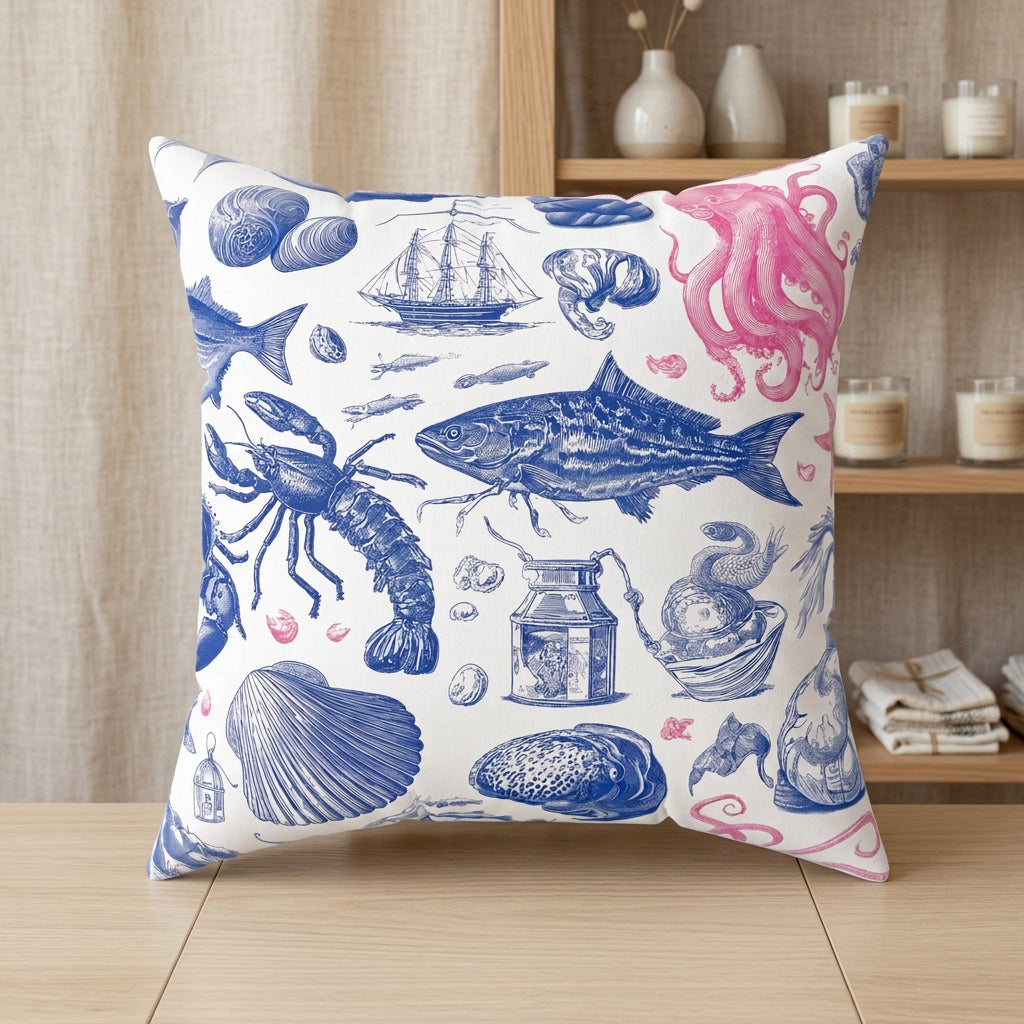 Decorative pillow with sea-themed illustrations on a light pink background