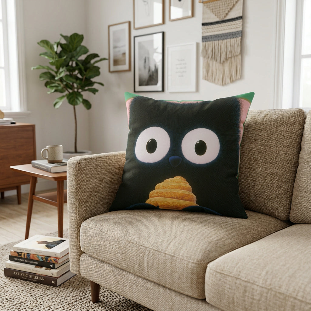 French Cat Enjoying Croissant Faux Suede Cushion