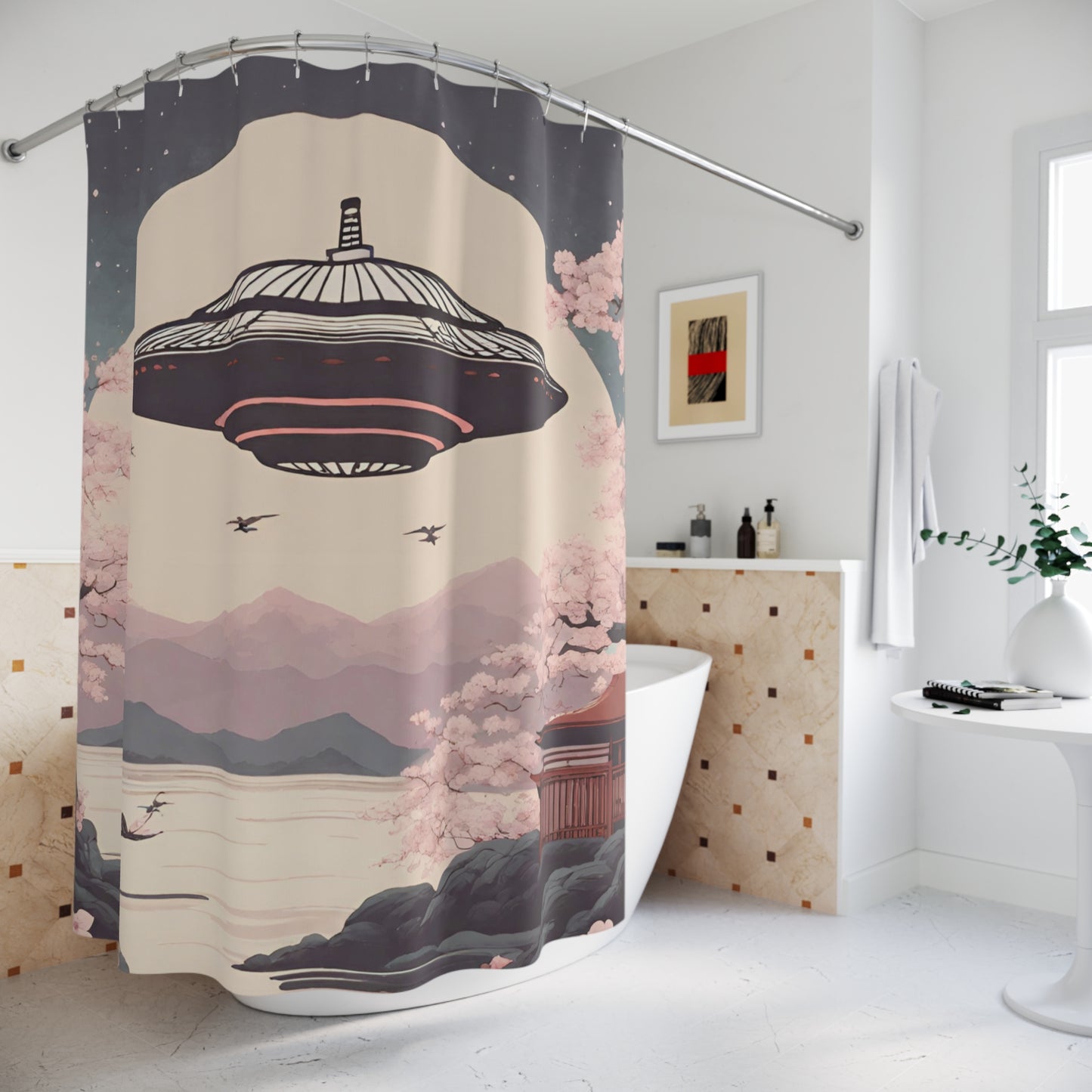 Vintage Japanese UFO Art Shower Curtain