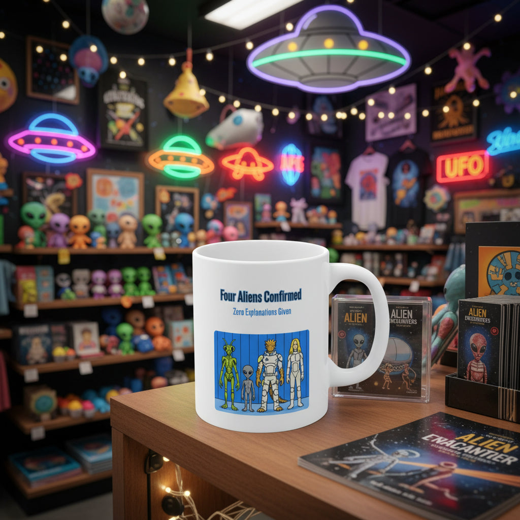 "Four Aliens Confirmed" Sci‑Fi Character Mug