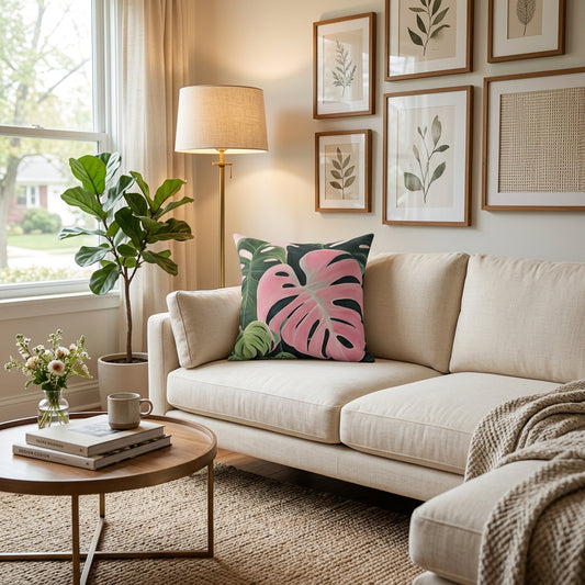 Philodendron Pink Princess Leaves Square Pillow - 3 Sizes
