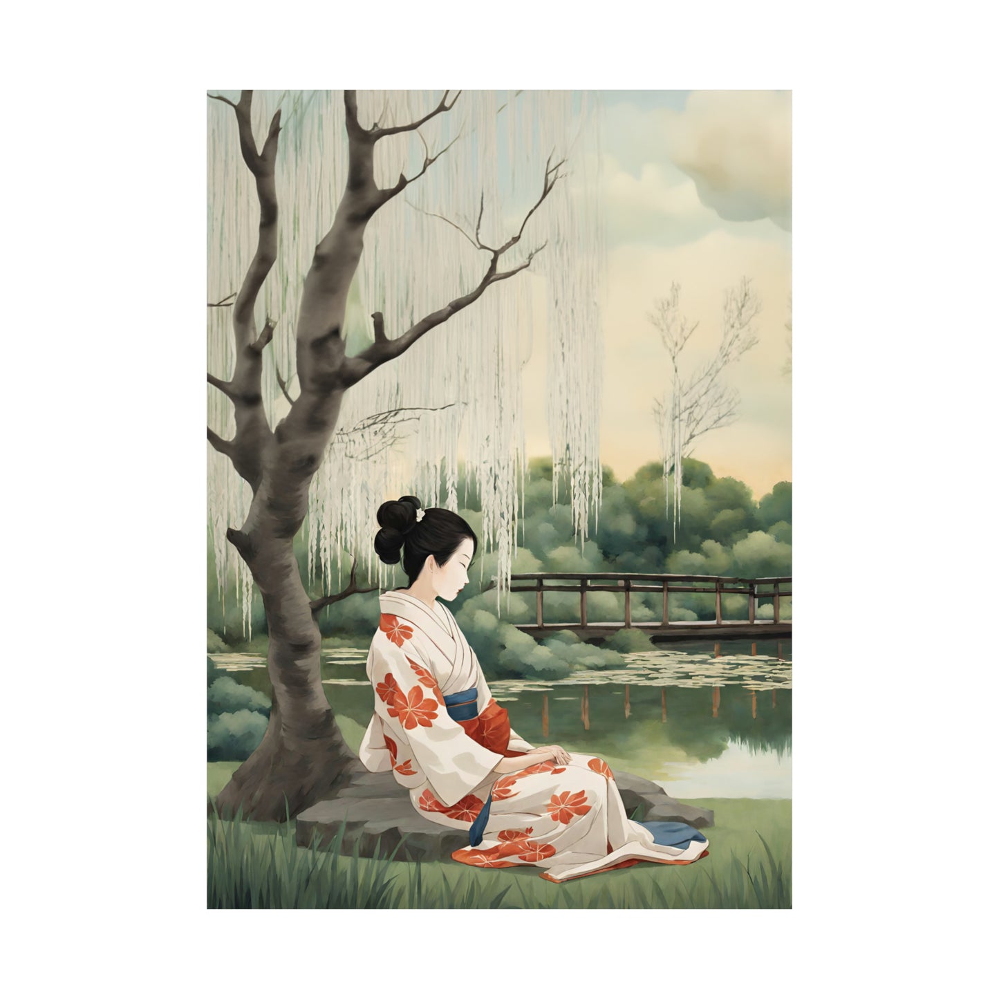 Geisha's Tranquil Waterside Reverie Art Poster