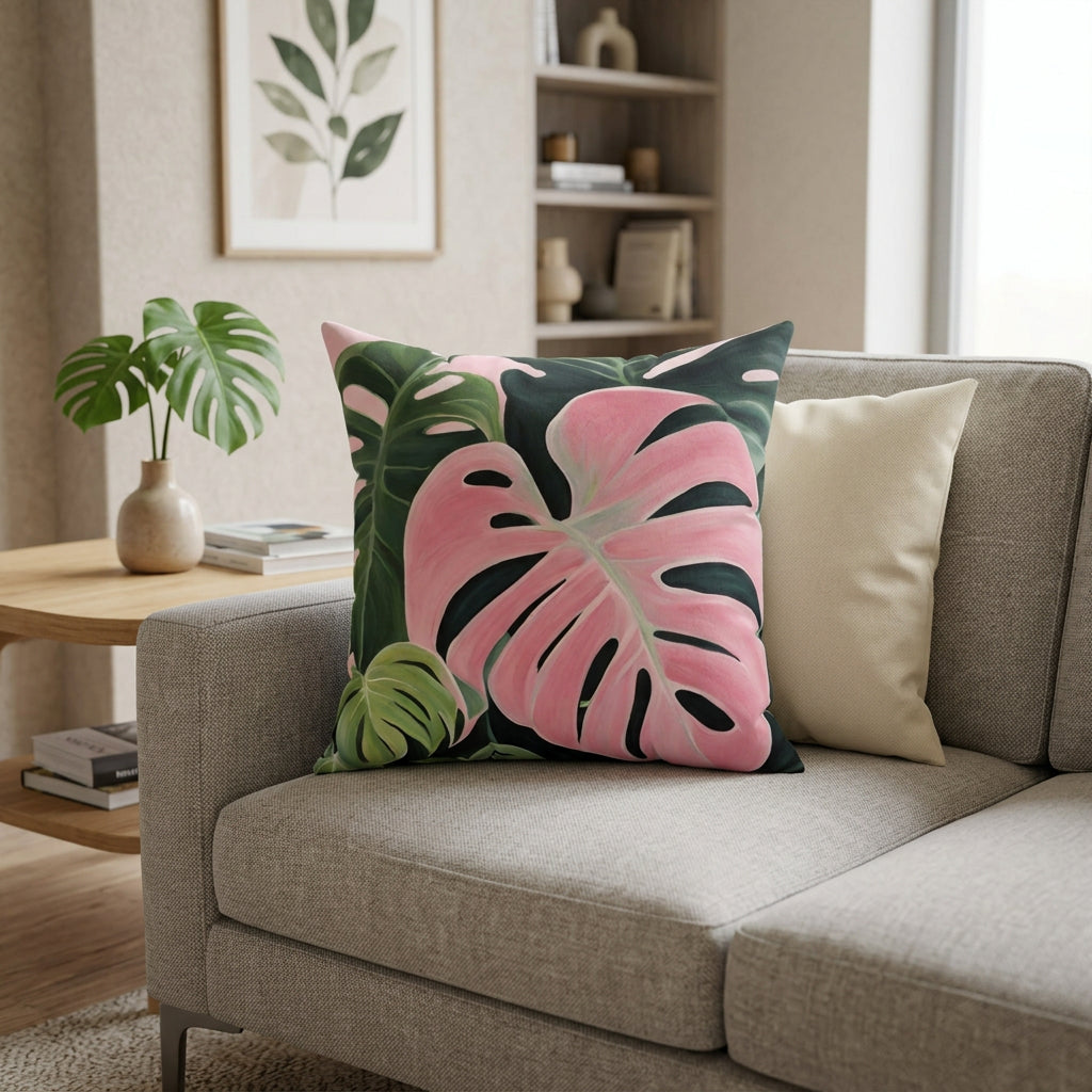 Philodendron Pink Princess Leaves Square Pillow - 3 Sizes