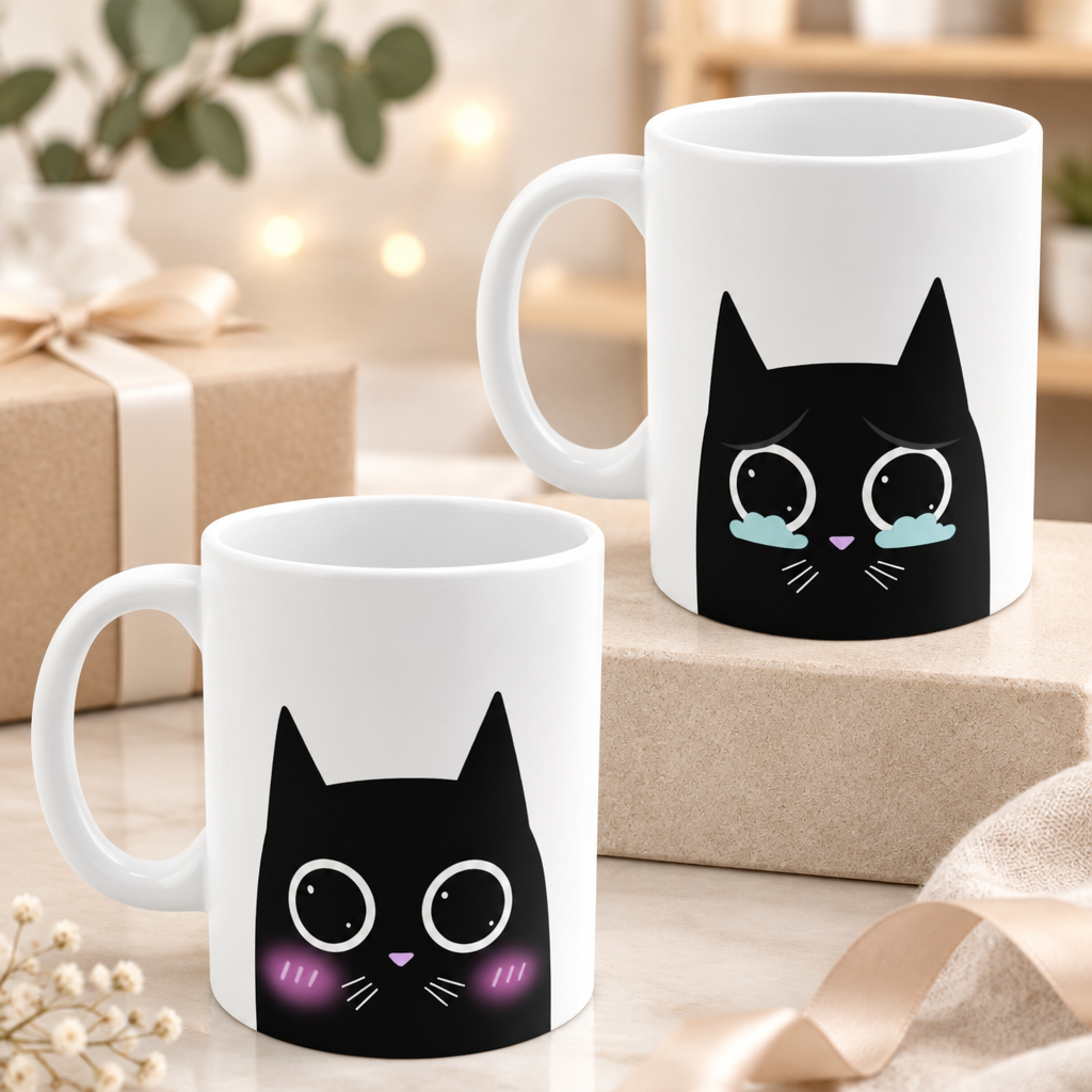 Adorably Emotional Cat White Mug Set - 2 Pcs