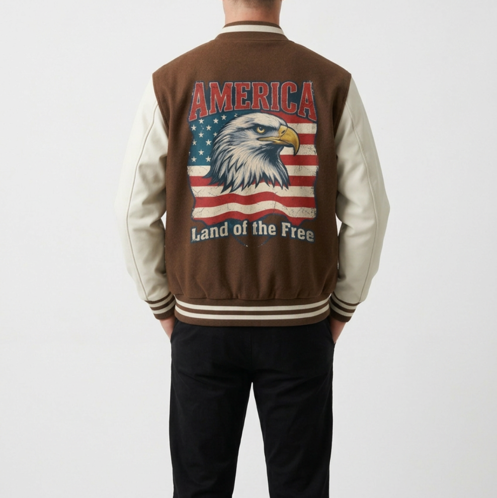 A person shown from the back wearing a brown and cream varsity-style jacket with a large American flag and bald eagle graphic on the back, paired with black pants, against a light gray studio background.