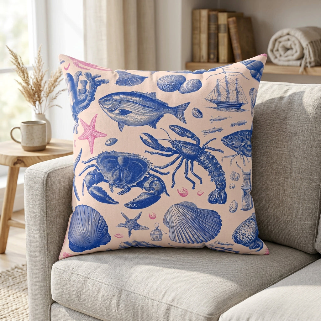 Decorative pillow with blue sea creature pattern on a beige background