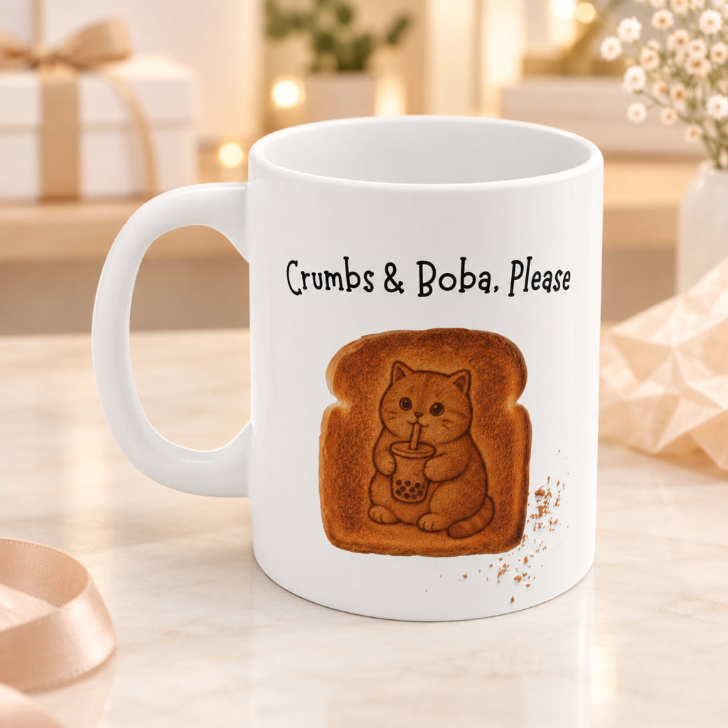 Crumbs & Boba, Please Mug - Cute Cat Toast Bubble Tea Coffee Cup