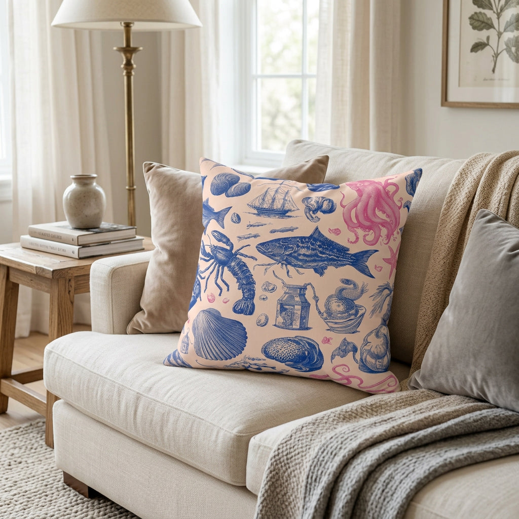 Sea Nautical Sketch Faux Suede Cushion
