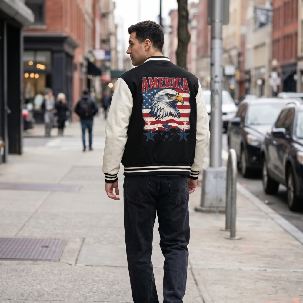 Mens Eagle Theme Two-Tone Fleeced Varsity Jacket