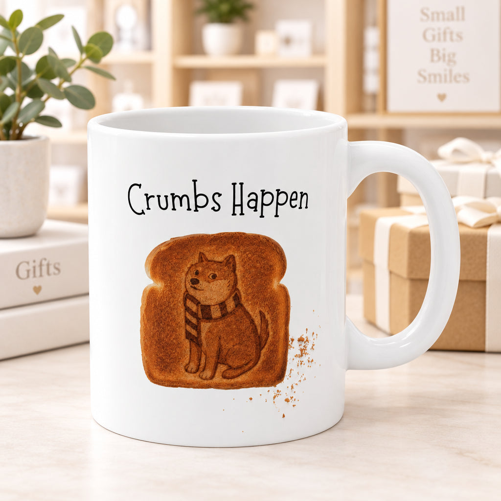 Crumbs Happen Toast Dog Mug - Cute Funny Coffee Cup, Gift for Dog Lovers