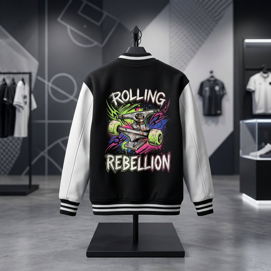 Rolling Rebel Theme Two-Tone Fleeced Varsity Jacket