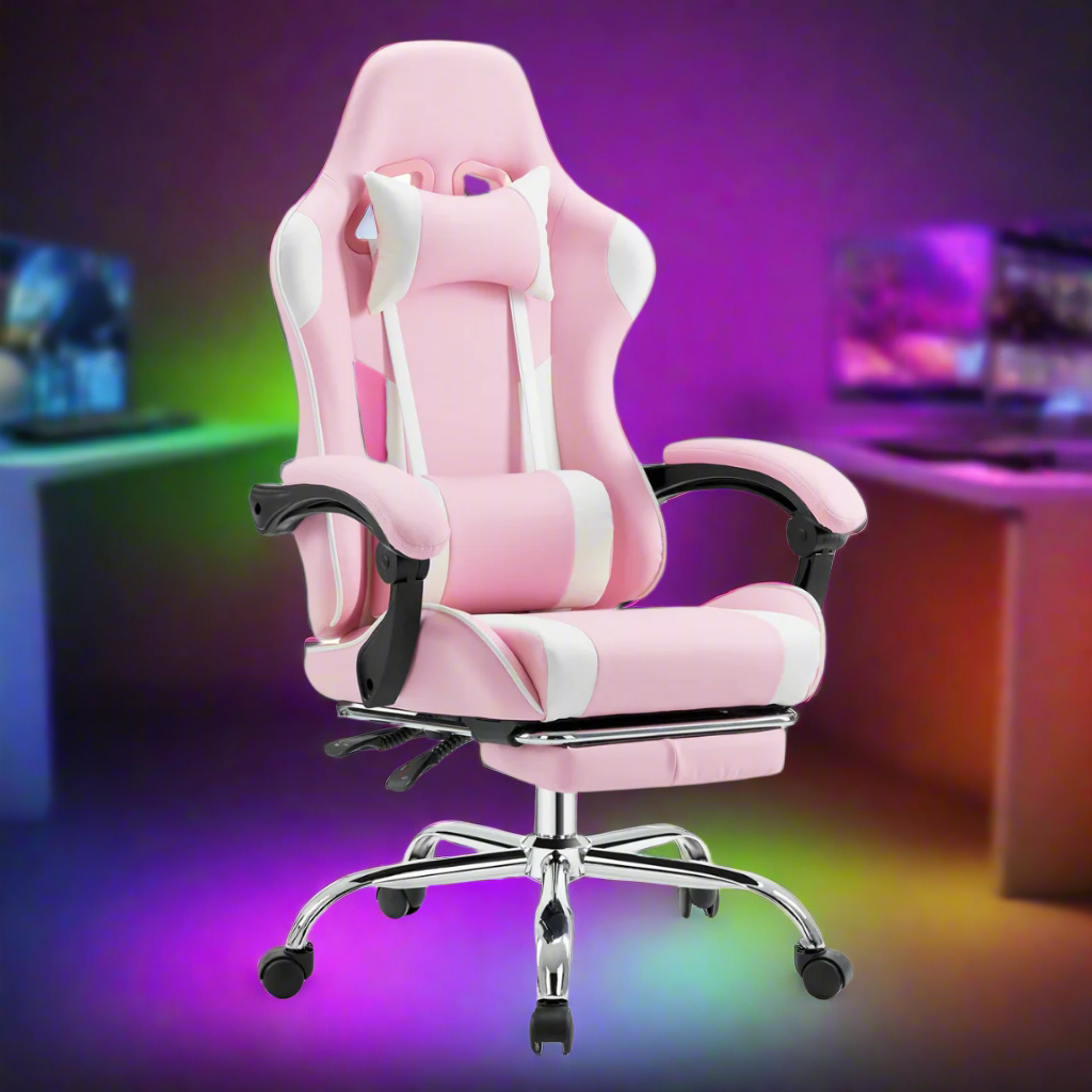 Pink and white office chair with black accents on a white background