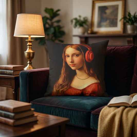 Quirky Renaissance Girl with Headphones Faux Suede Cushion