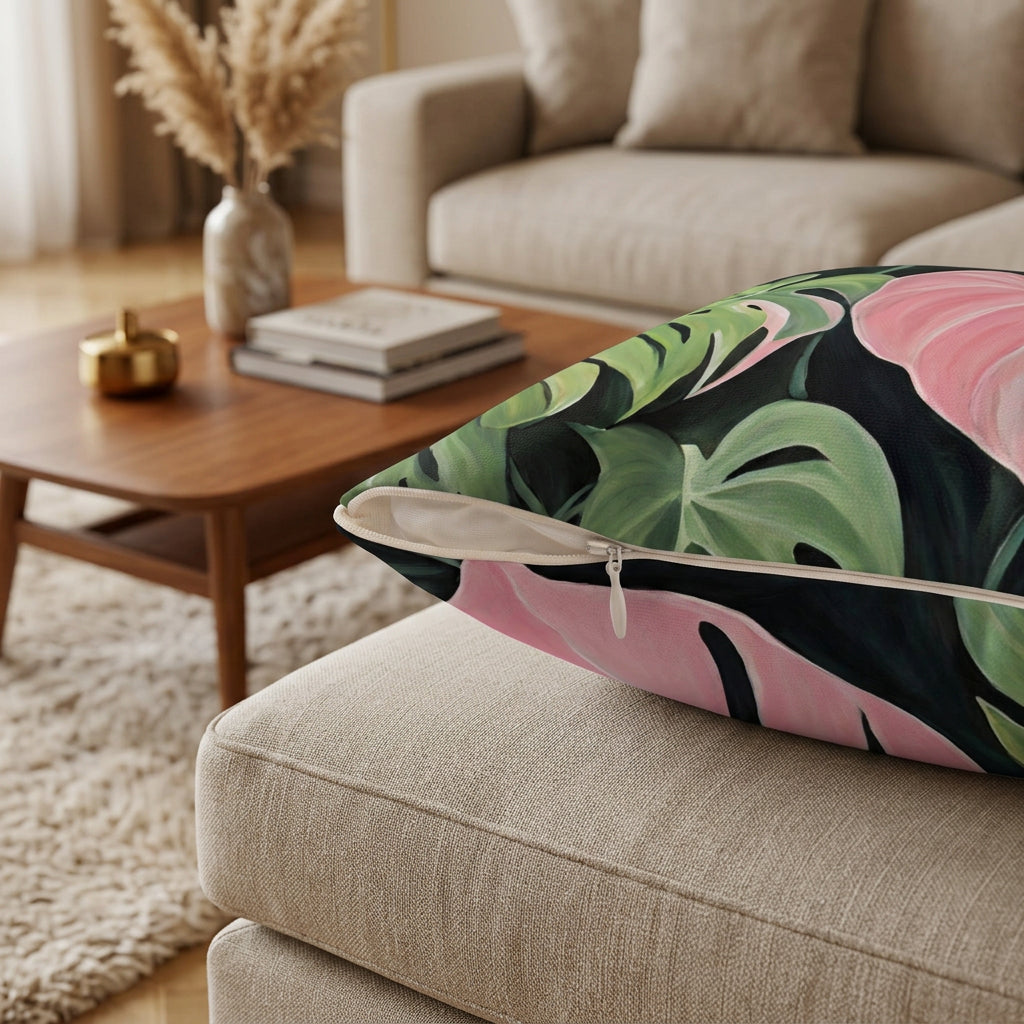 Philodendron Pink Princess Leaves Square Pillow - 3 Sizes