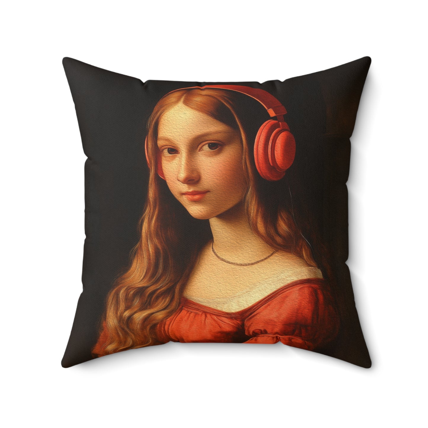 Quirky Renaissance Girl with Headphones Faux Suede Cushion