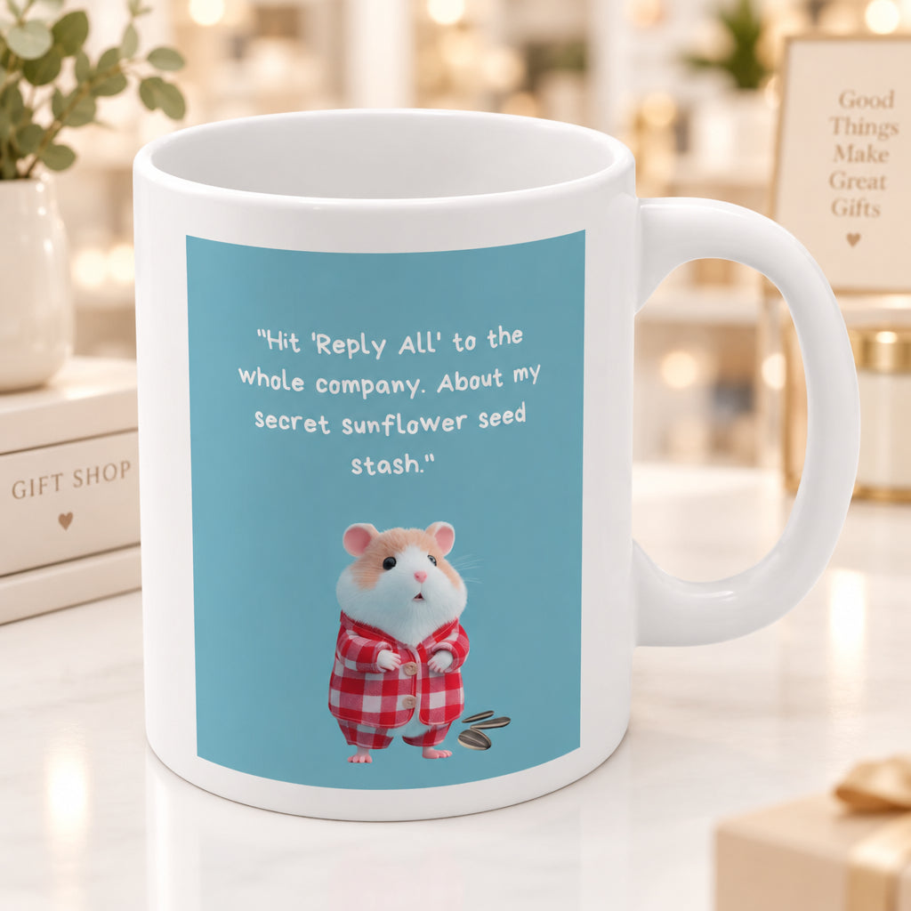 Cute Hamster "Hit Reply All" Sunflower Seed Funny Office Humor - 11oz Coffee Mug