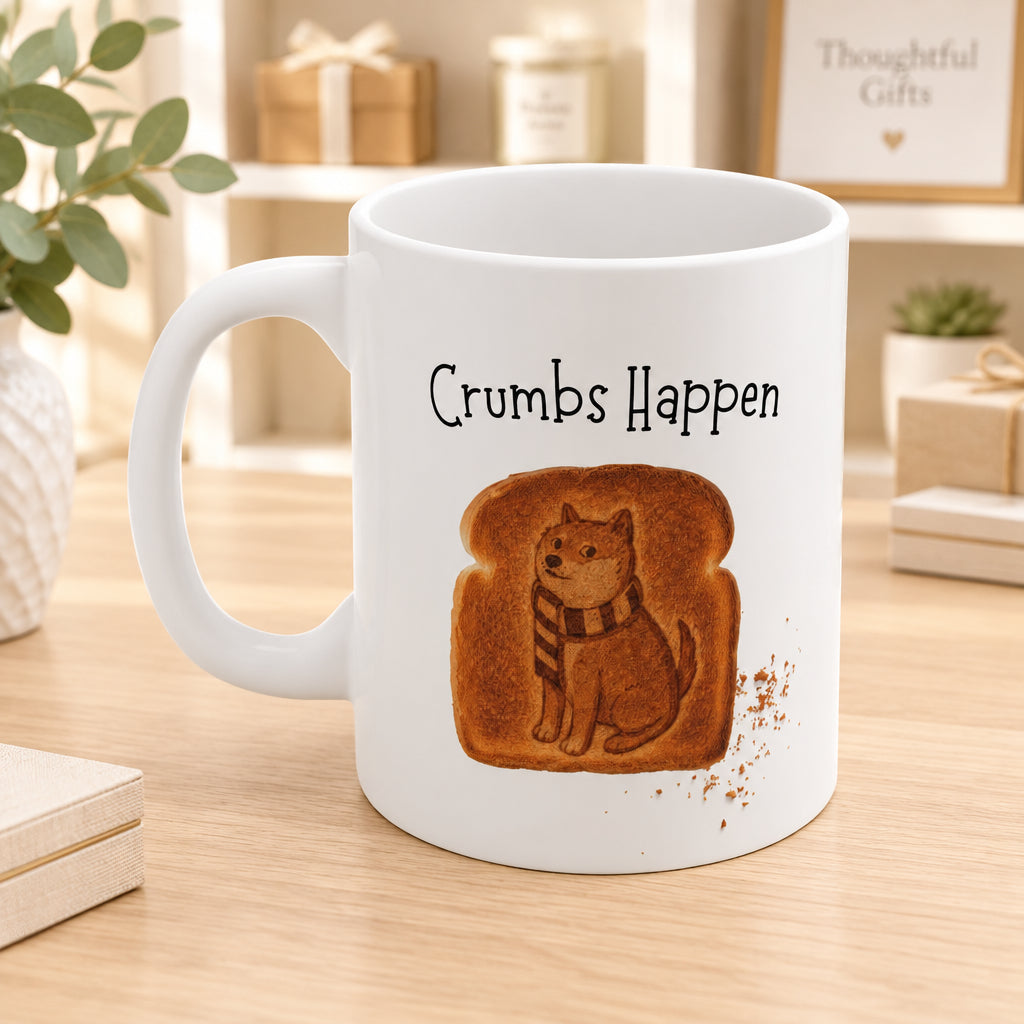 Crumbs Happen Toast Dog Mug - Cute Funny Coffee Cup, Gift for Dog Lovers