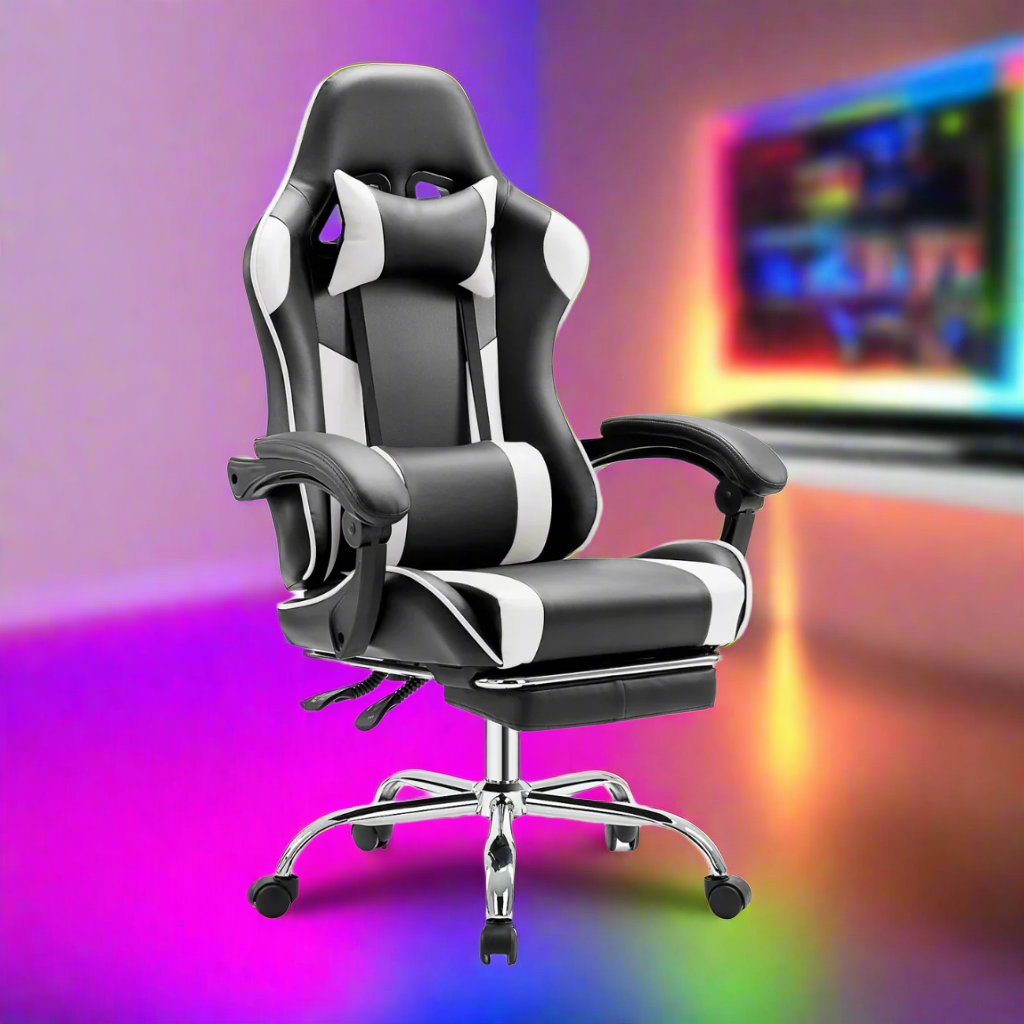 Black and white gaming chair in a room with colorful lighting