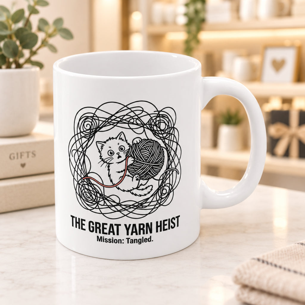 The Great Yarn Ball Heist Cat Mug