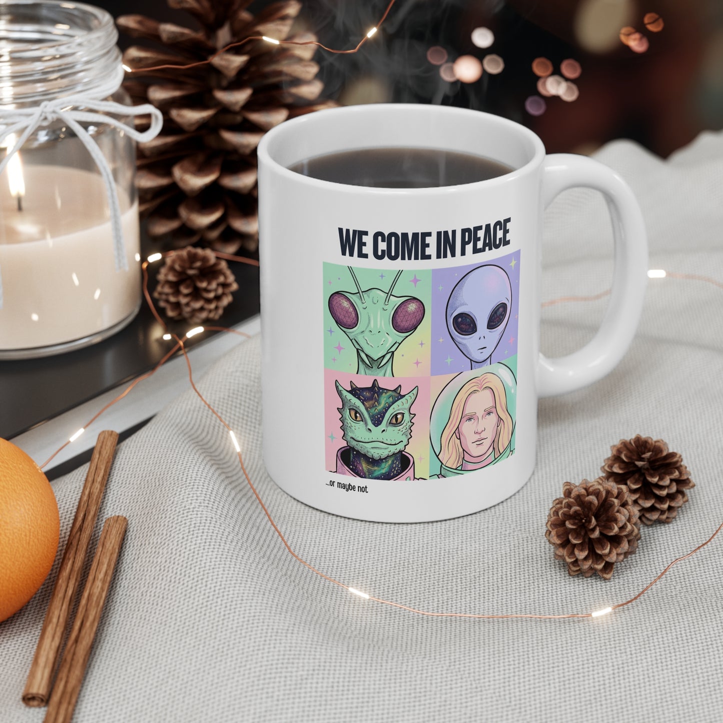 We Come in Peace Mug - Alien Portraits 11oz Ceramic Coffee Cup