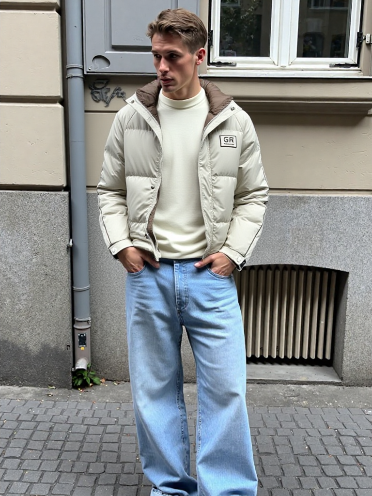 Mens High Collar Zipper Puffy Jacket
