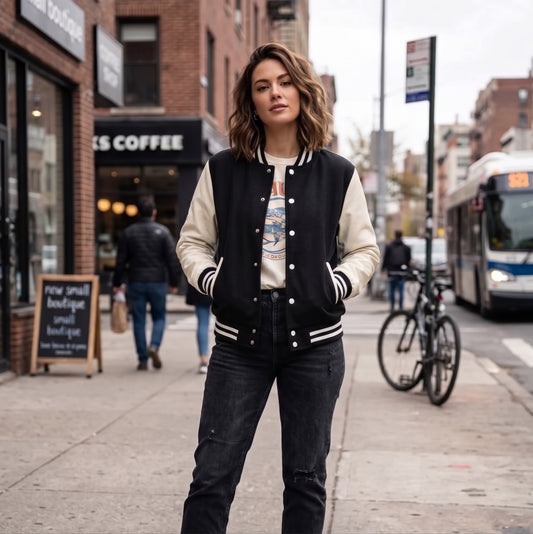 A woman stands on a city sidewalk wearing a black and cream varsity jacket over a graphic t-shirt and dark jeans, with a brick coffee shop, pedestrians, and a bus in the background.
