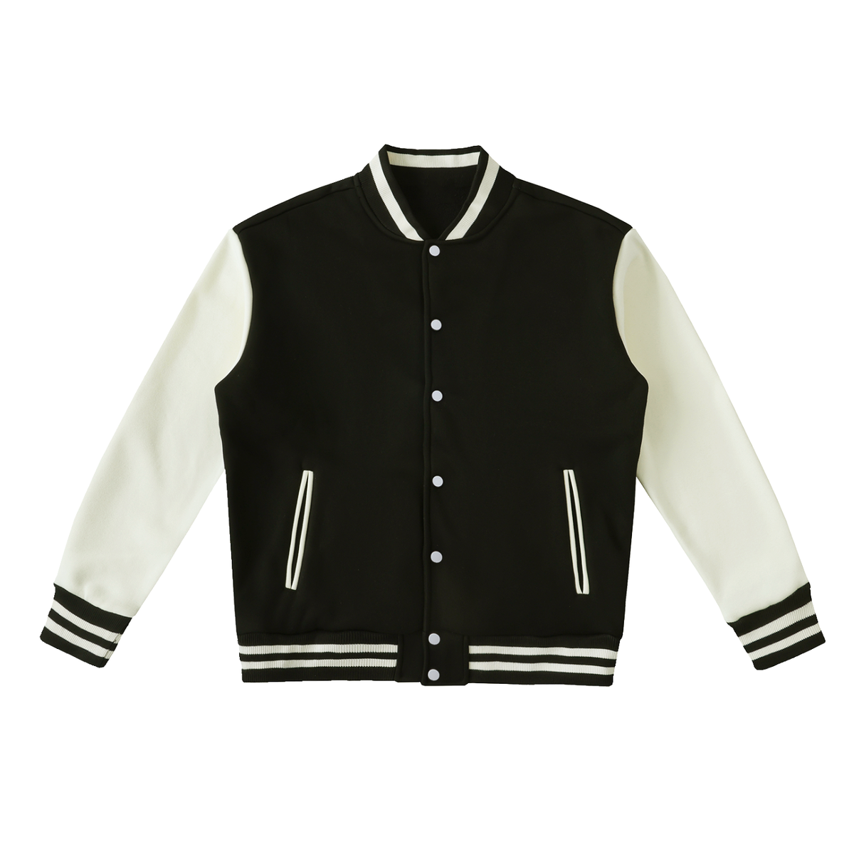 Black and white varsity jacket with logo on a white background