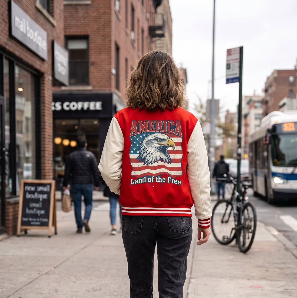 A person viewed from behind walking on a city sidewalk wearing a red and cream varsity jacket with a large American flag and eagle graphic on the back, paired with dark jeans and white sneakers.
