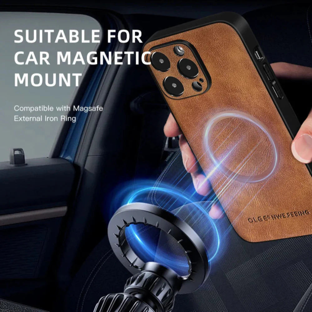 Vegan Leatther Magnetic charging compatible Phone Case for iPhone 13 to 17