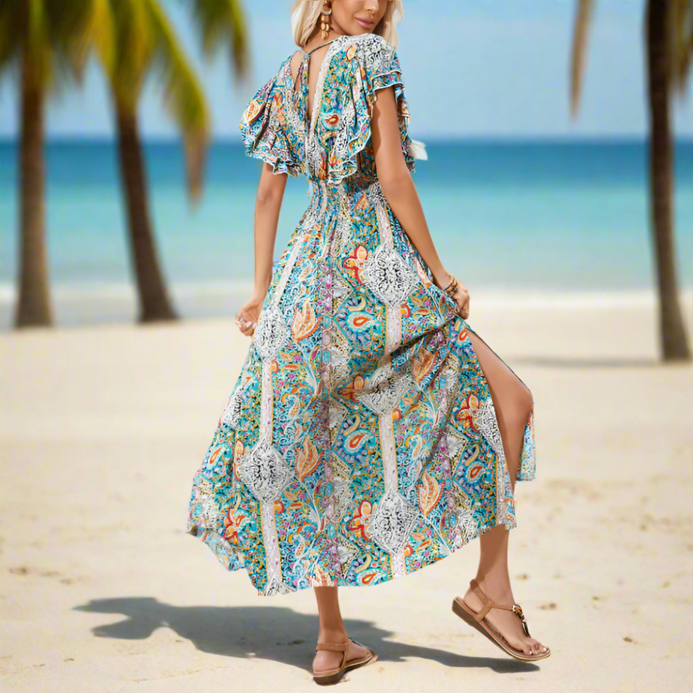 Women V Neck Boho Beach Dress With Ruffle Sleeves