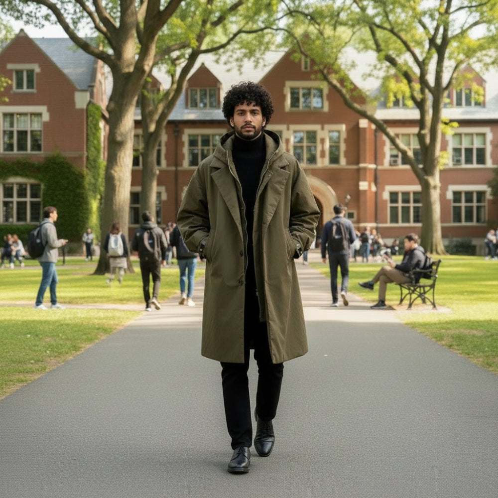 Mens Layered Look Quilted Trench With Hood
