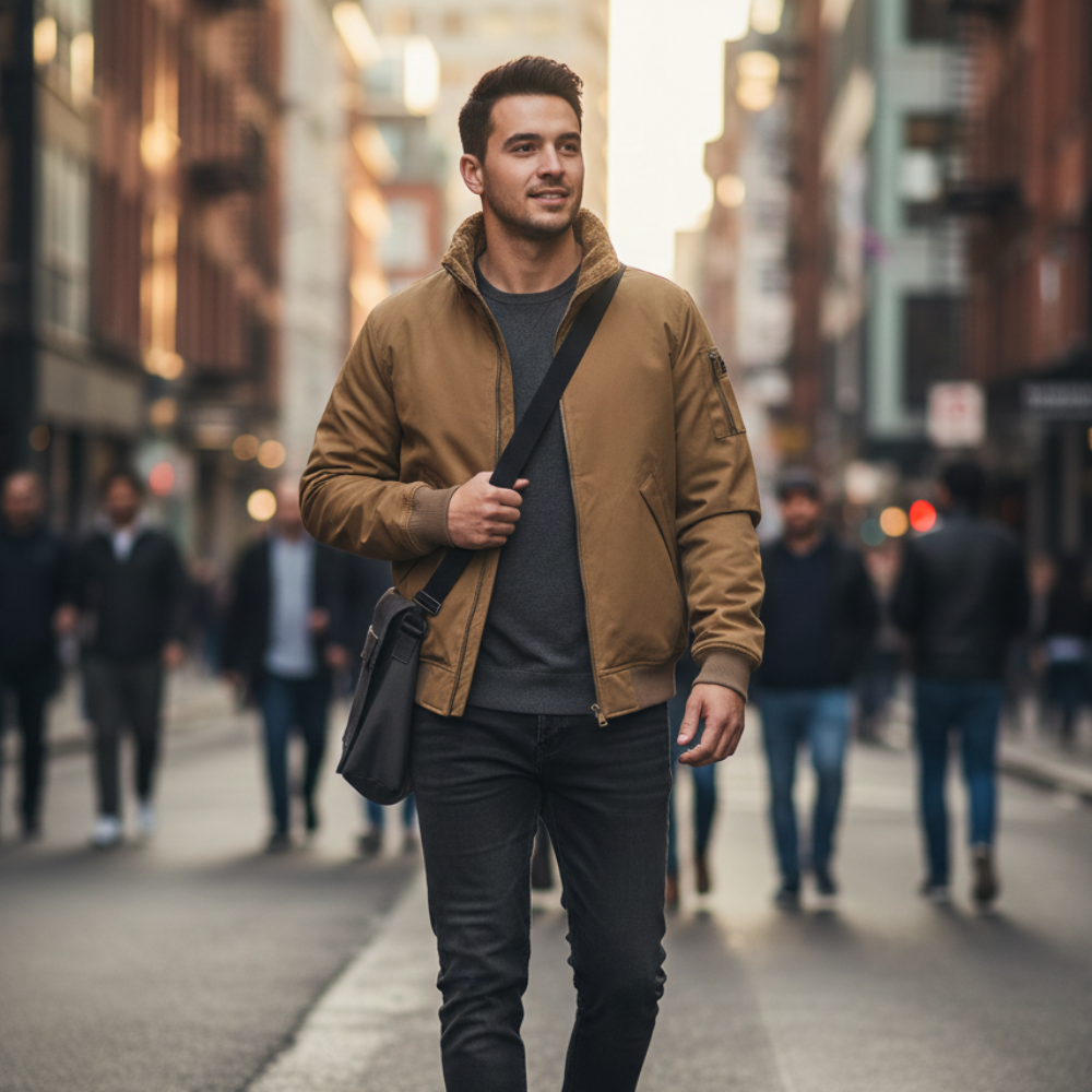 Mens High Neck Bomber Jacket With Inner Faux Fur Lining