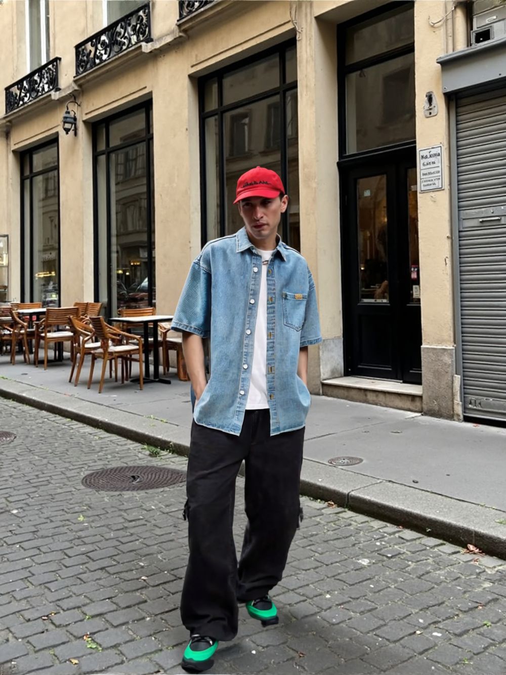 Men 's Over Size Washed Denim Short Sleeve Shirt