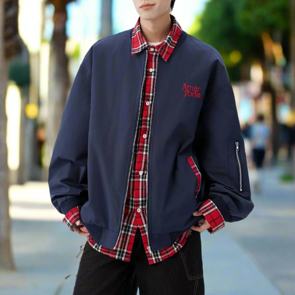 Mens Layered Look Jacket with Red Plaid Details