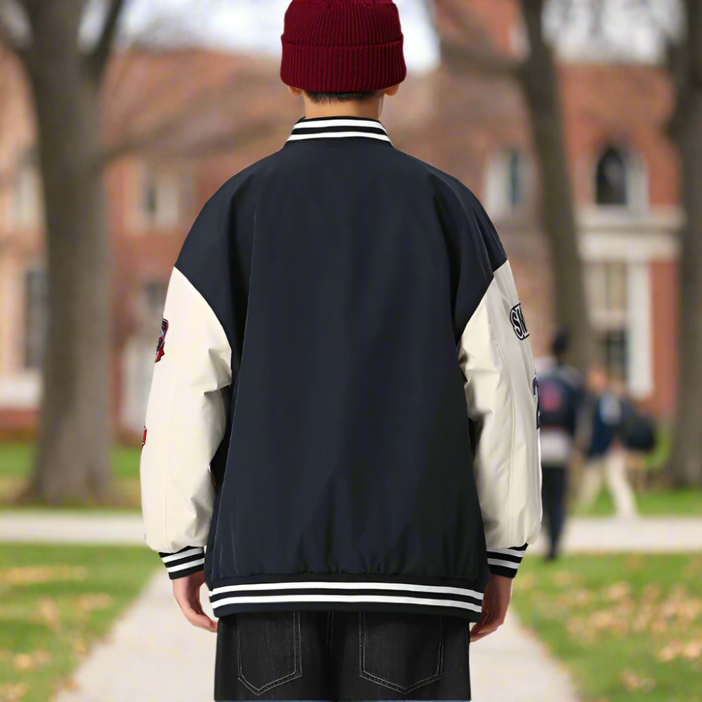 Mens Oversize Two Tone Embroidery Patch Baseball Jacket