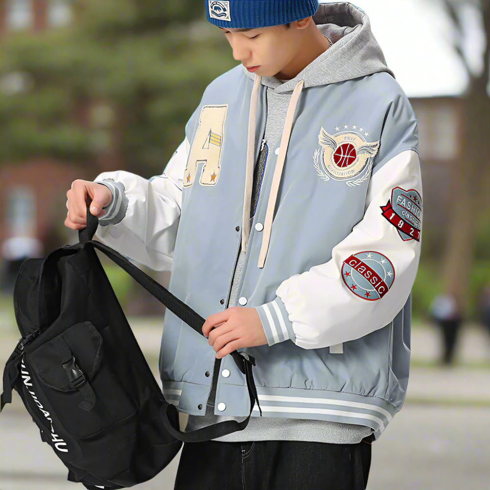 Mens Oversize Two Tone Embroidery Patch Baseball Jacket