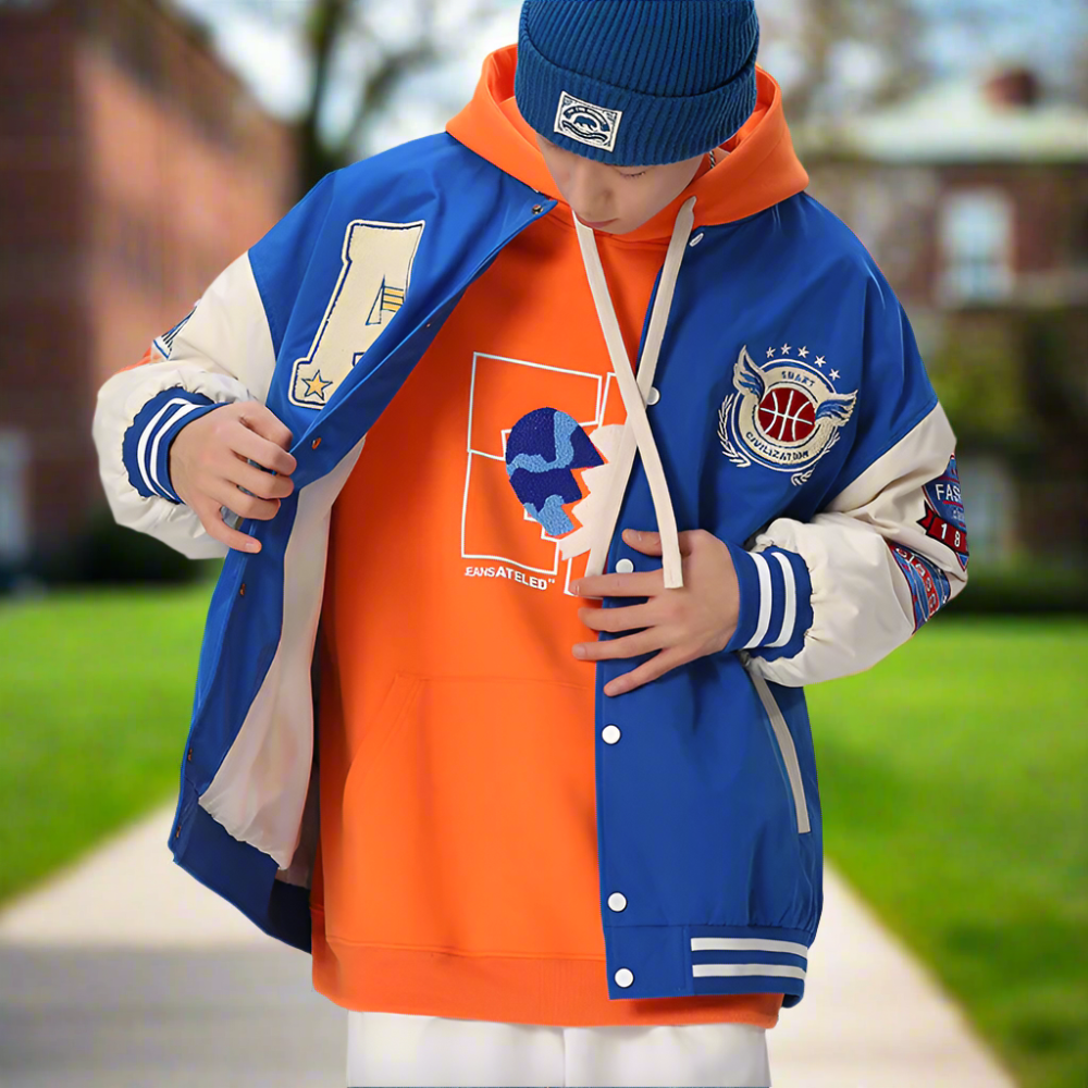 Mens Oversize Two Tone Embroidery Patch Baseball Jacket