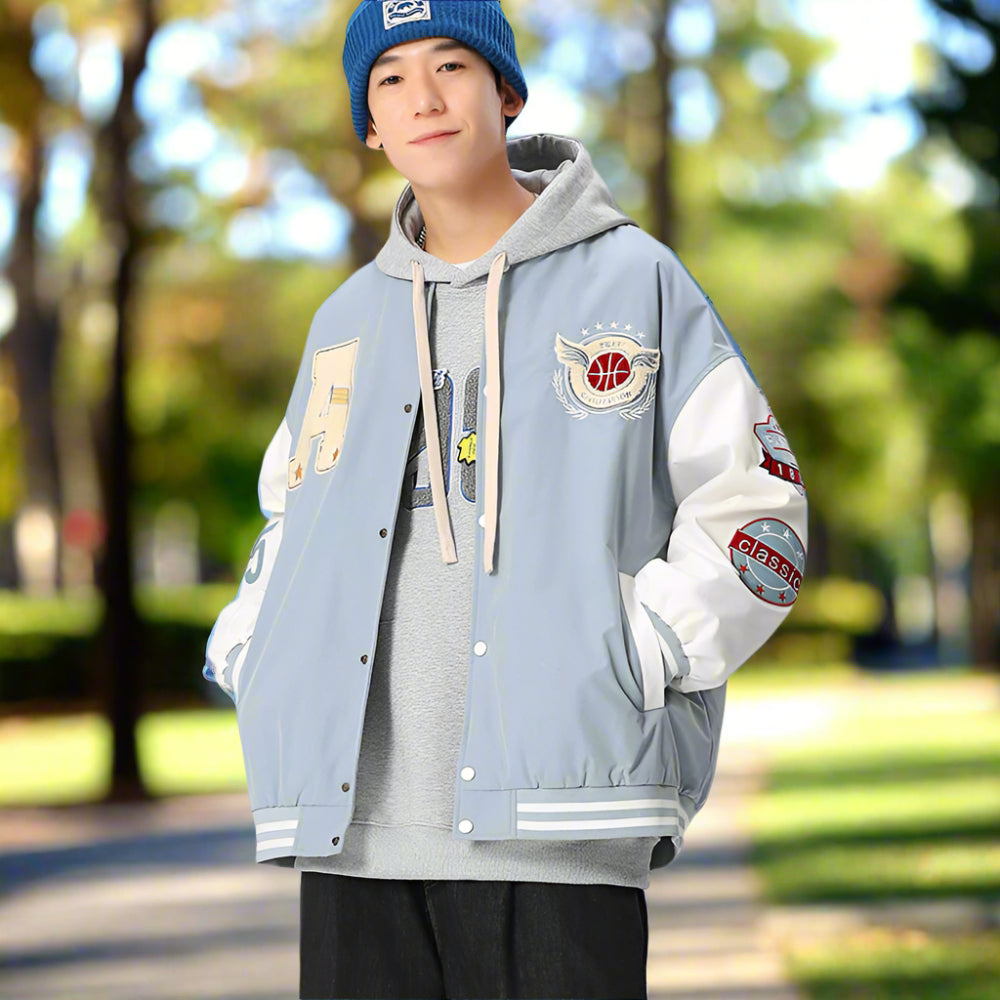 Mens Oversize Two Tone Embroidery Patch Baseball Jacket