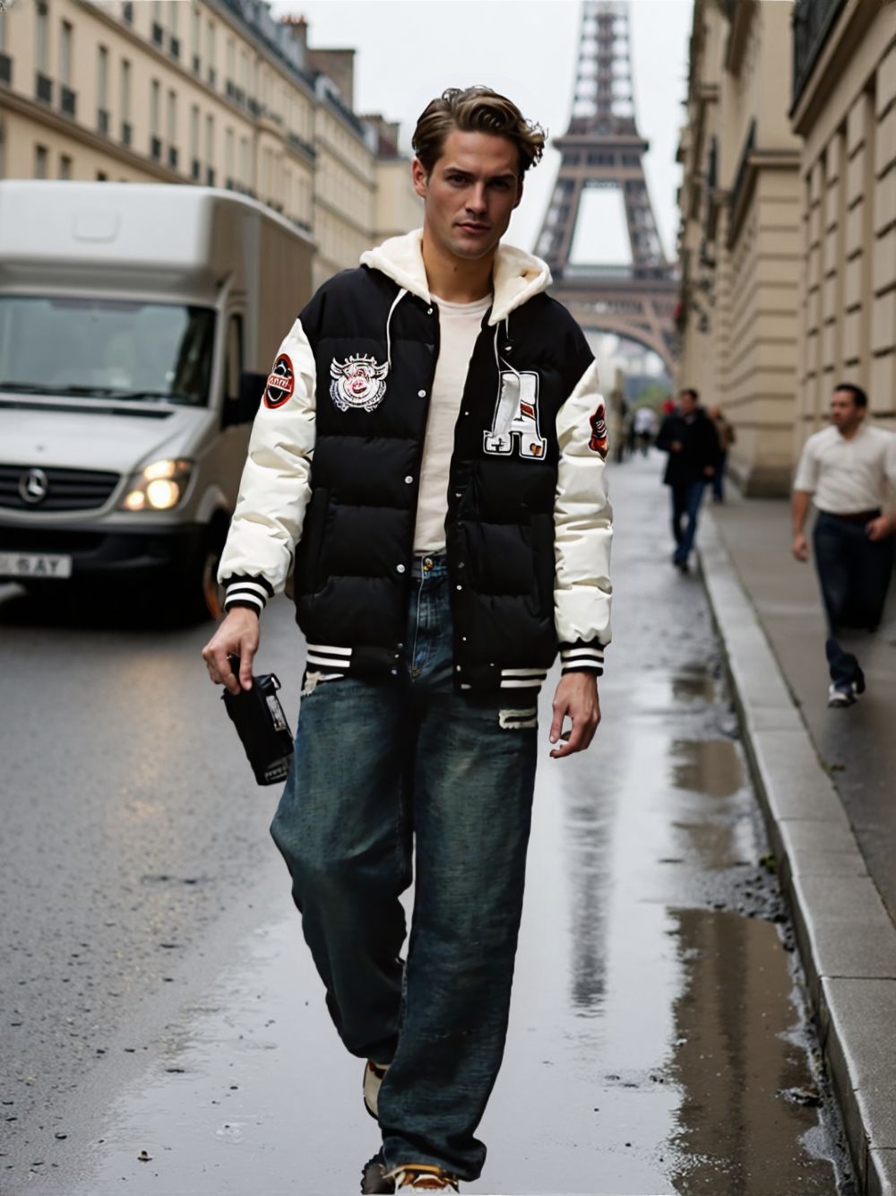 Mens layered Look Hooded baseball Jacket