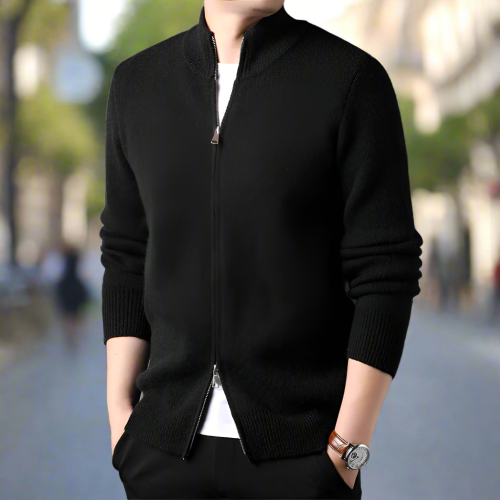 Mens Stand Collar Duble Zip Cardigan