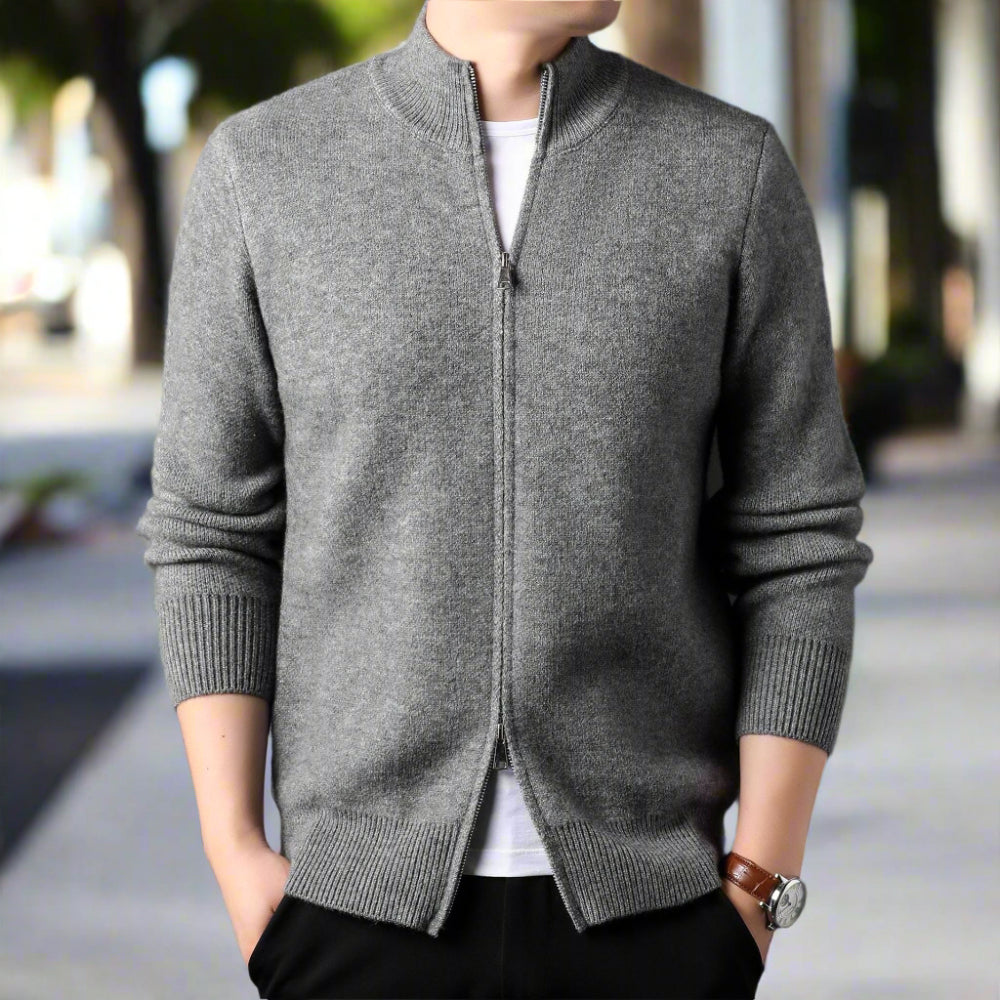 Mens Stand Collar Duble Zip Cardigan