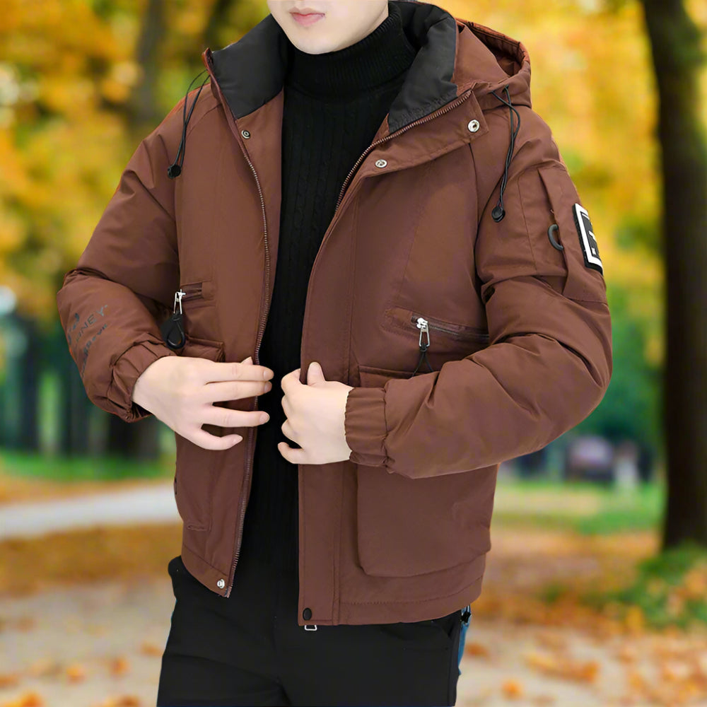 Mens High Collar Zipper Hooded Jacket