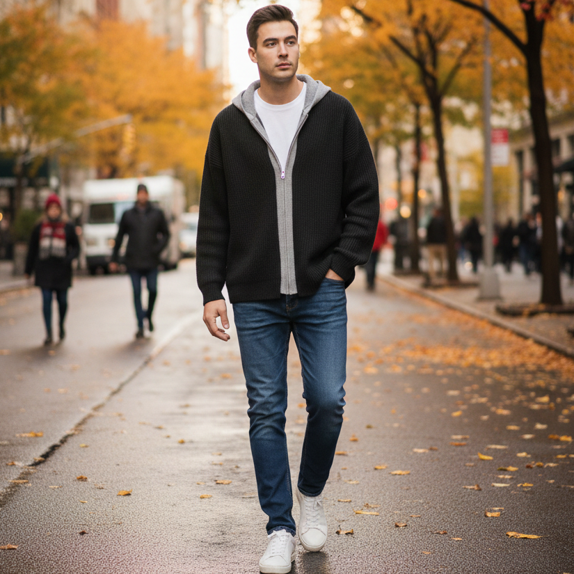 Mens Two Tone Layered Look Zipper Cardigan With Hood