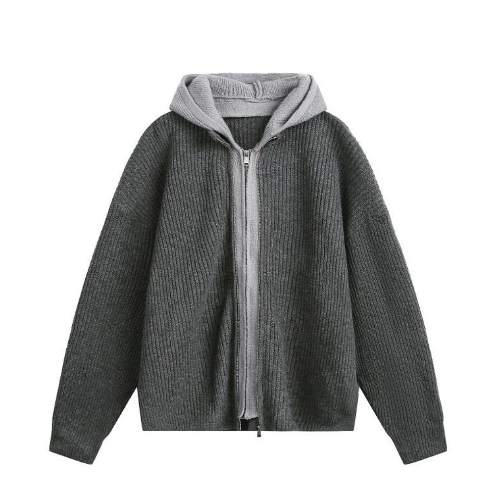 Mens Two Tone Layered Look Zipper Cardigan With Hood