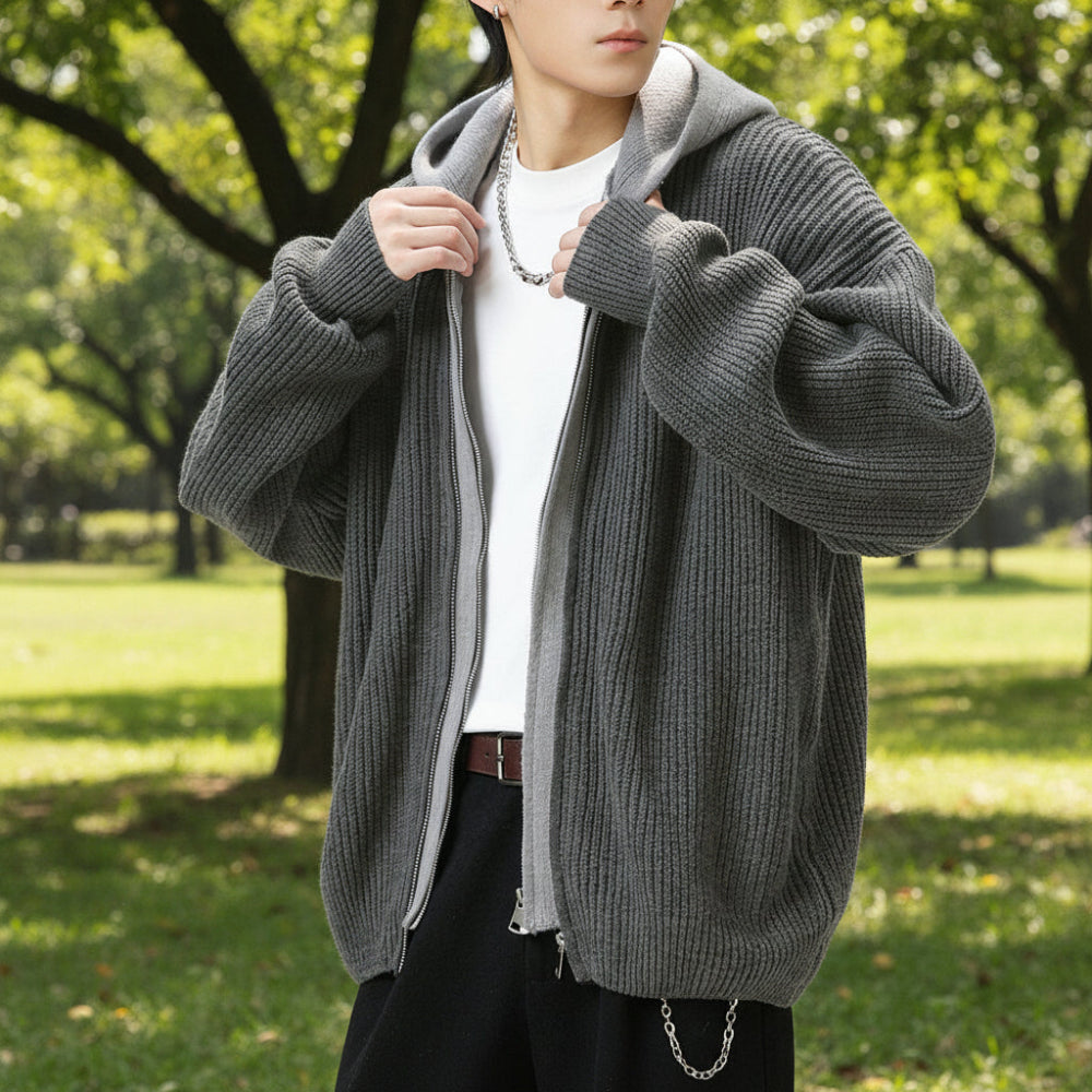Mens Two Tone Layered Look Zipper Cardigan With Hood