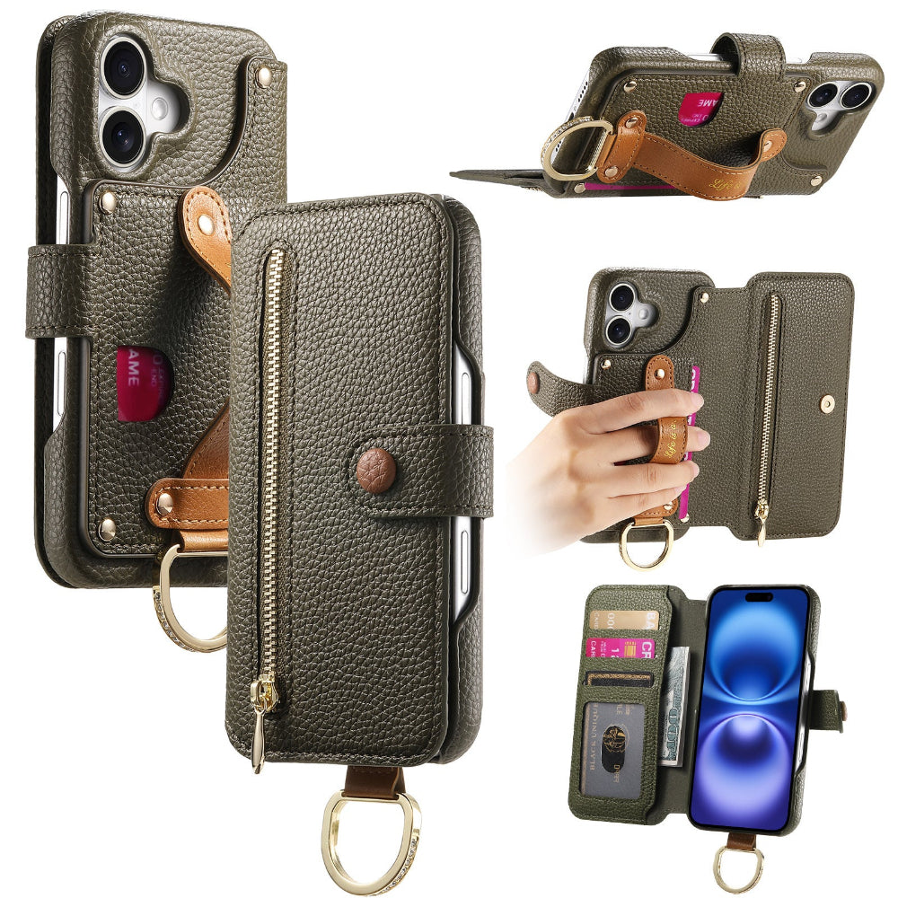 Vegan Leather Wallet Case For iPhone with Wrist Strap