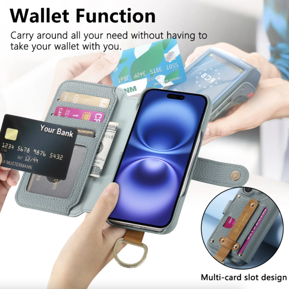 Vegan Leather Wallet Case For iPhone with Wrist Strap
