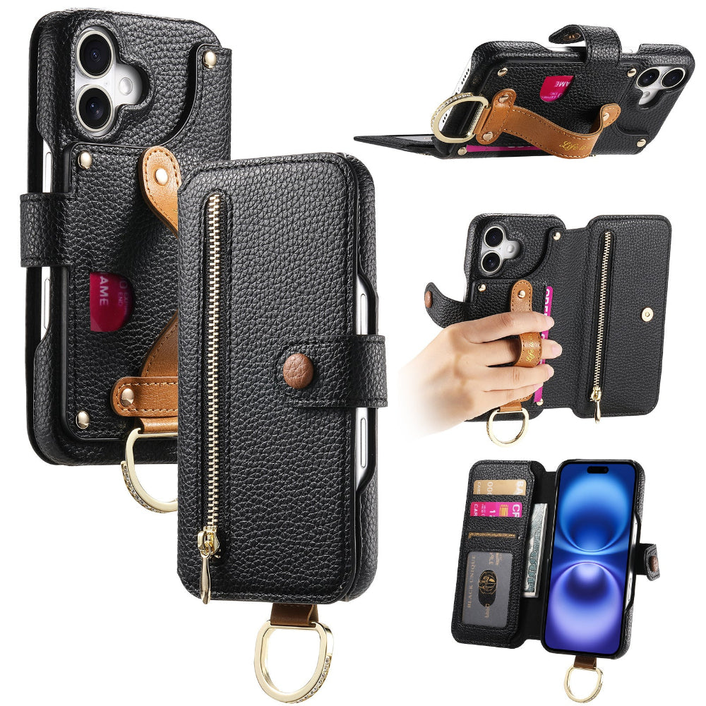 Vegan Leather Wallet Case For iPhone with Wrist Strap